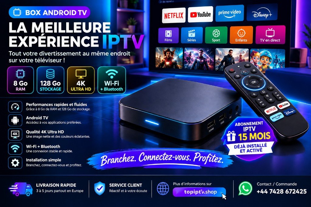 Boîtier Android TV Premium avec télécommande — 8 Go RAM, 128 Go, 4K Ultra HD